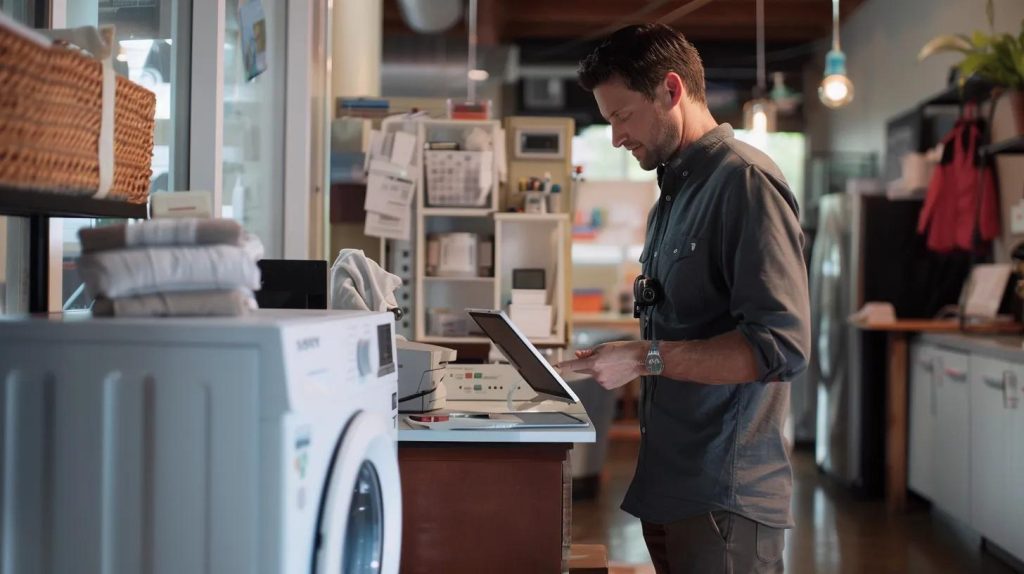 a modern, well-lit office space showcases a friendly technician inspecting a sleek, broken appliance, with a digital tablet displaying repair quotes and service packages on a nearby desk, emphasizing the theme of affordable appliance repair services in charlotte.