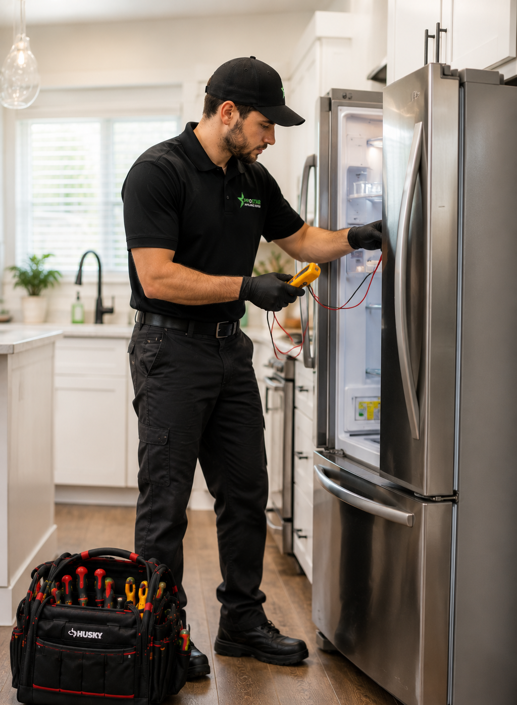 ProStar technician using a multimeter to diagnose an open stainless-steel refrigerator during a repair in a San Antonio kitchen