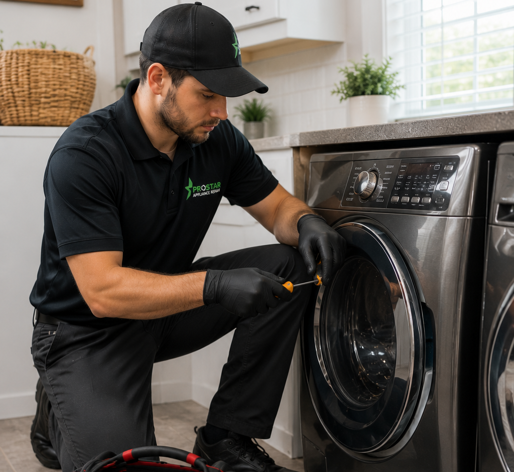 ProStar technician repairing a front-load washing machine door in an Austin home laundry room