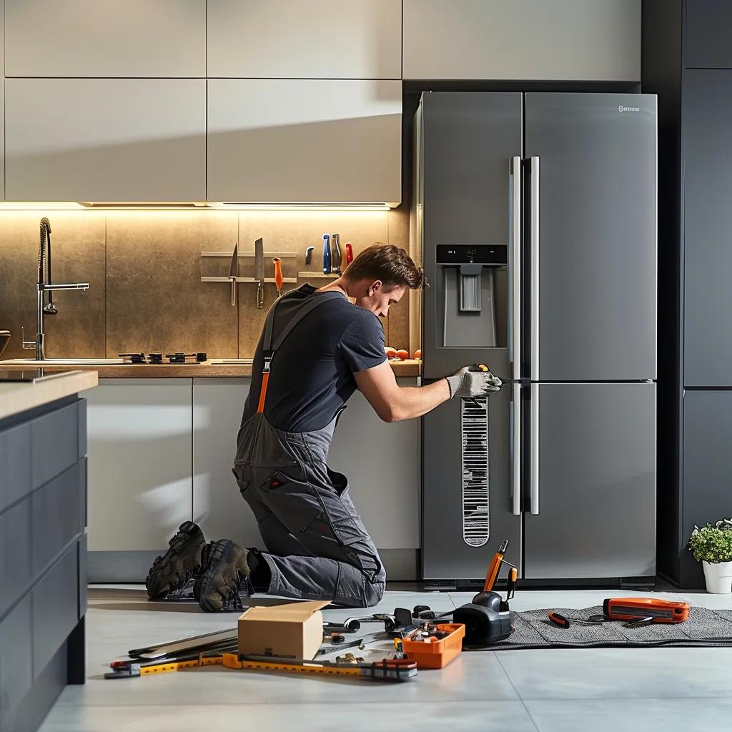 Technician repairing a modern refrigerator in a well-lit kitchen, highlighting same-day repair services
