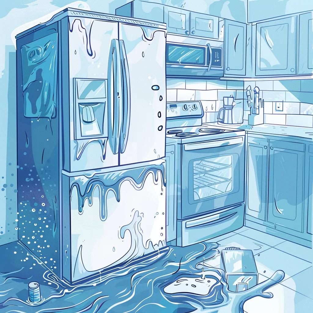 Common refrigerator problems like leaks, unusual noises, and ice maker malfunctions shown in a kitchen setting