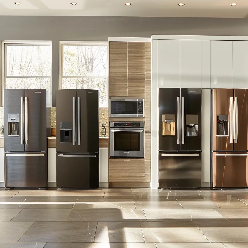 A variety of popular refrigerator brands including Samsung, Whirlpool, LG, and Sub-Zero displayed in a modern kitchen environment