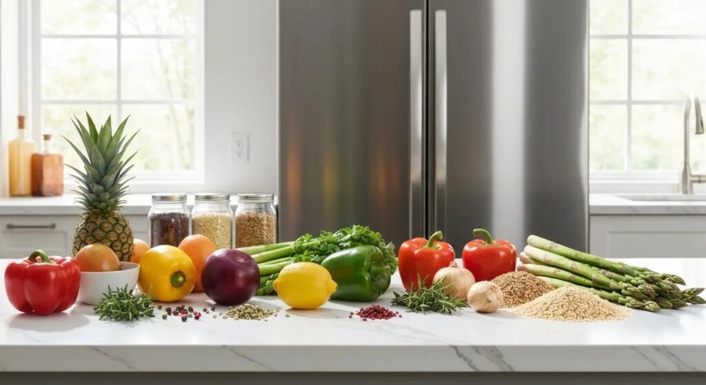 A vibrant display of fresh groceries on a kitchen counter, highlighting how timely refrigerator repair prevents food spoilage and saves money