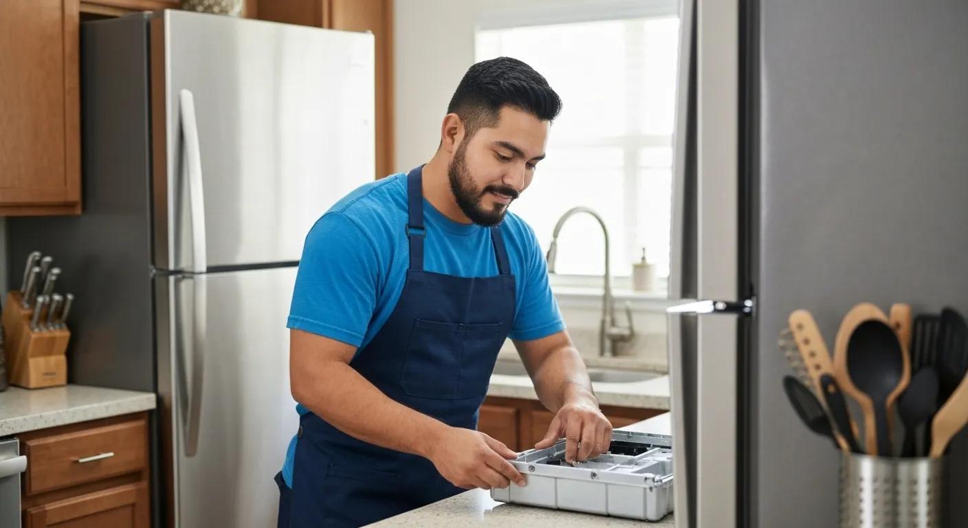 A skilled technician swiftly fixing a refrigerator in a San Antonio home, emphasizing the urgency and importance of same-day service