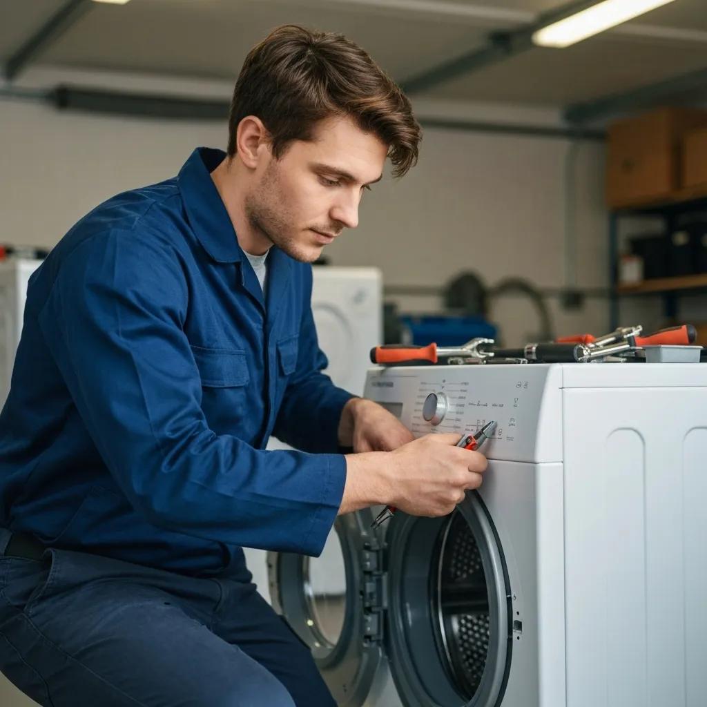 Certified technician carefully working on a washing machine, emphasizing the importance of expert appliance repair skills