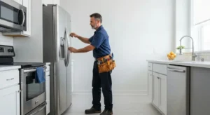 Technician repairing refrigerator in modern kitchen – ProStar Appliance Repair