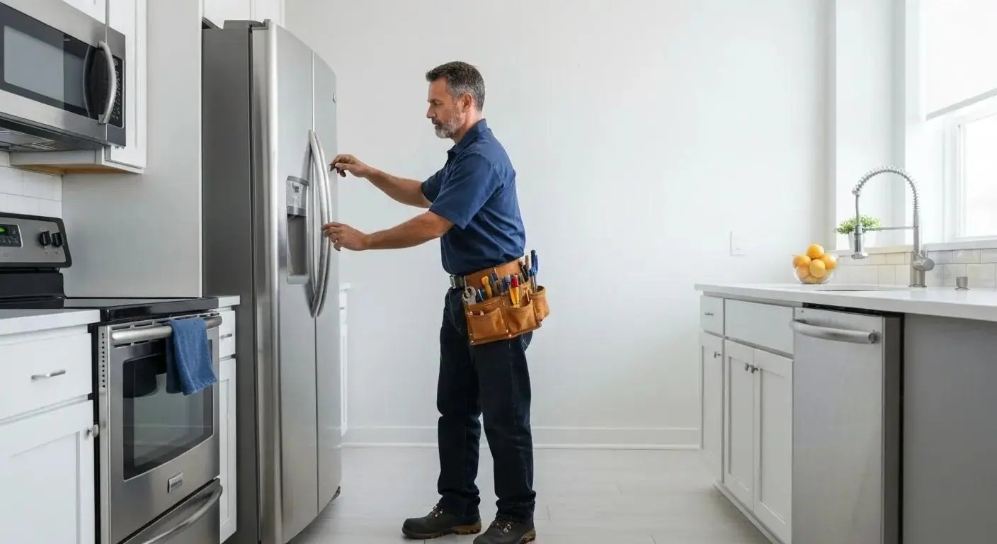 Technician repairing refrigerator in modern kitchen – ProStar Appliance Repair