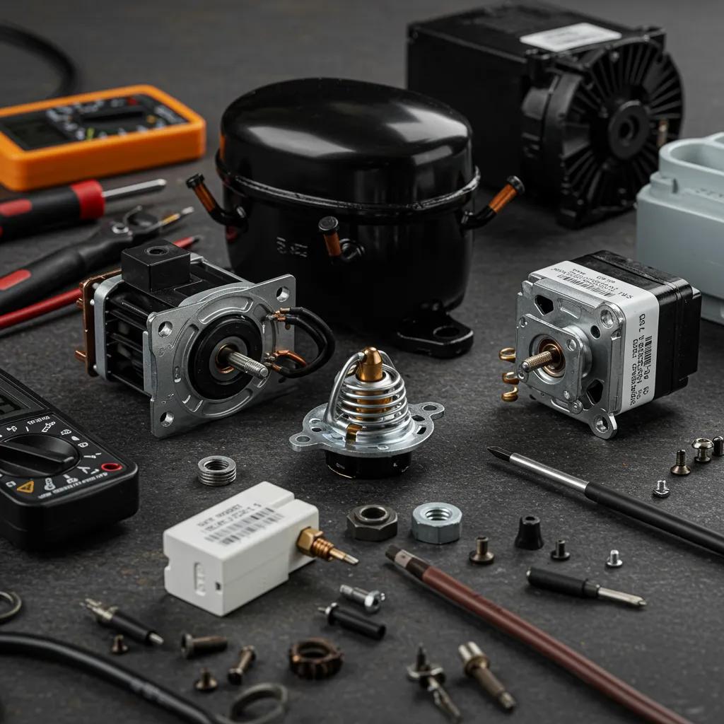 A close-up view of various refrigerator parts laid out on a workbench, alongside repair tools