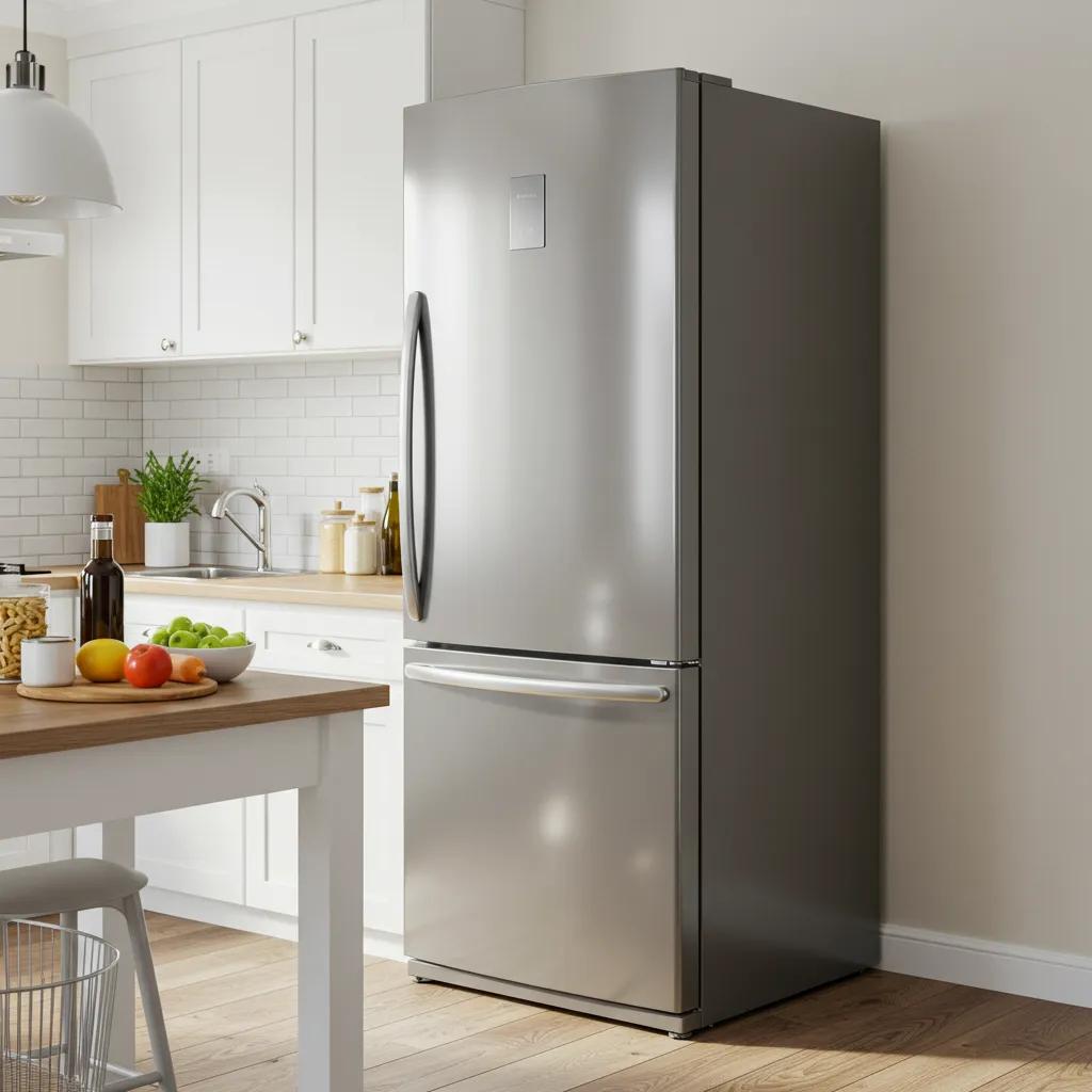 Modern refrigerator in a bright kitchen, emphasizing functionality and home efficiency