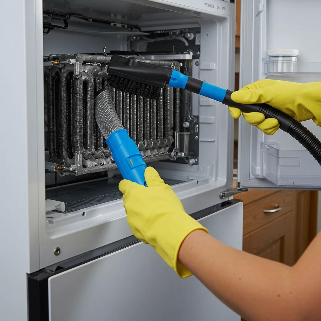 A person cleaning refrigerator coils with a brush and vacuum cleaner in a home kitchen setting