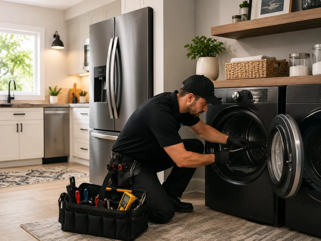 Technician repairs appliances in modern kitchen