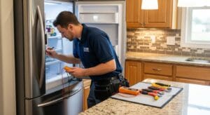 Technician repairing kitchen appliance during appliance repair service in Round Rock TX
