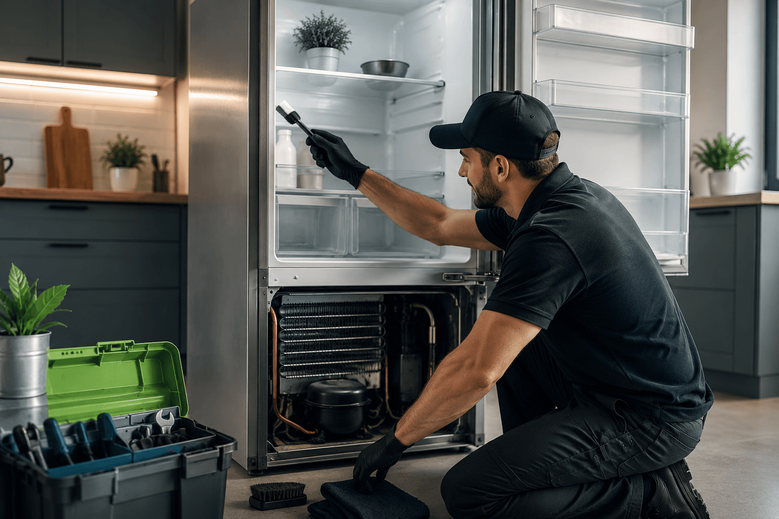 Fridge maintenance in a modern kitchen