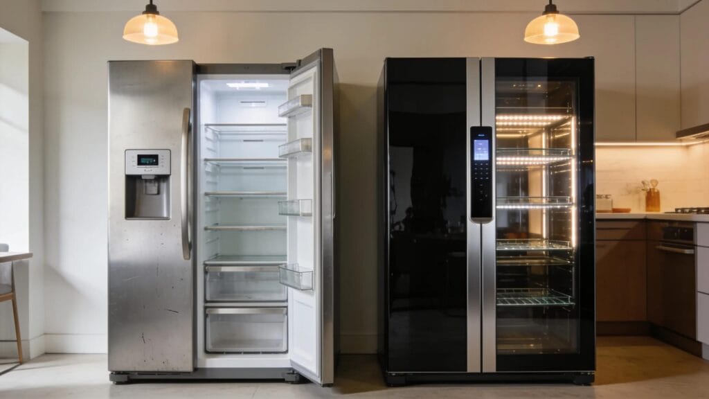 Comparison of affordable and premium refrigerator repair services with a focus on two distinct refrigerators in a modern kitchen