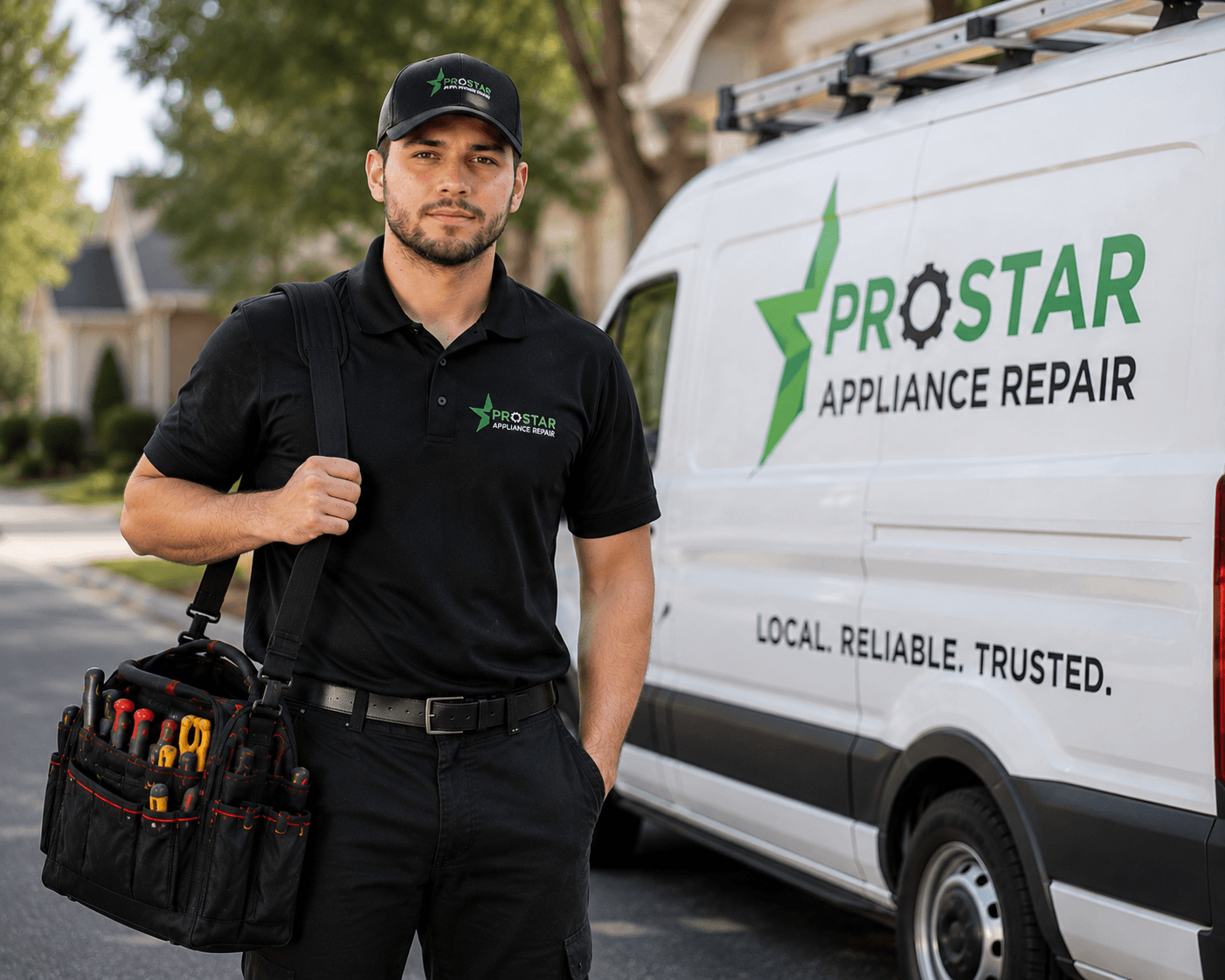 ProStar appliance repair technician standing beside a branded company van in a San Antonio neighborhood
