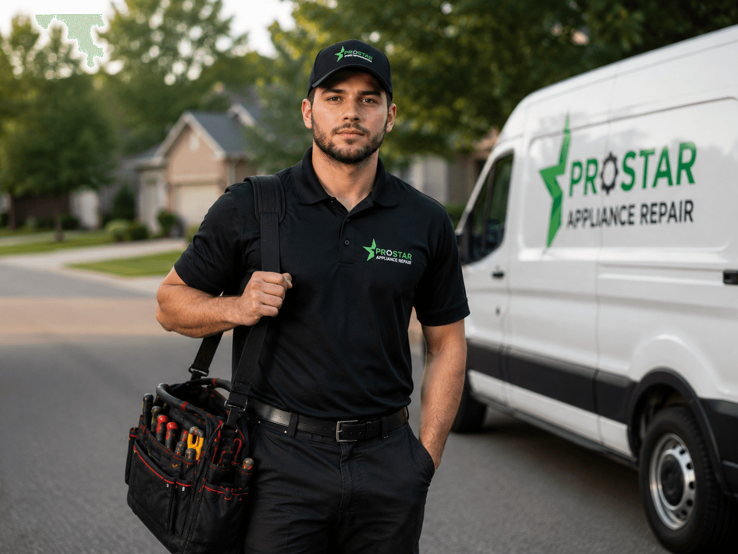 ProStar appliance repair technician standing by a branded company van on an Austin street with a tool bag