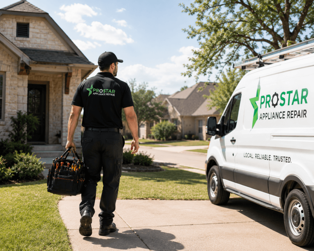 ProStar technician carrying tools up a driveway toward a San Antonio home with a branded service van parked curbside