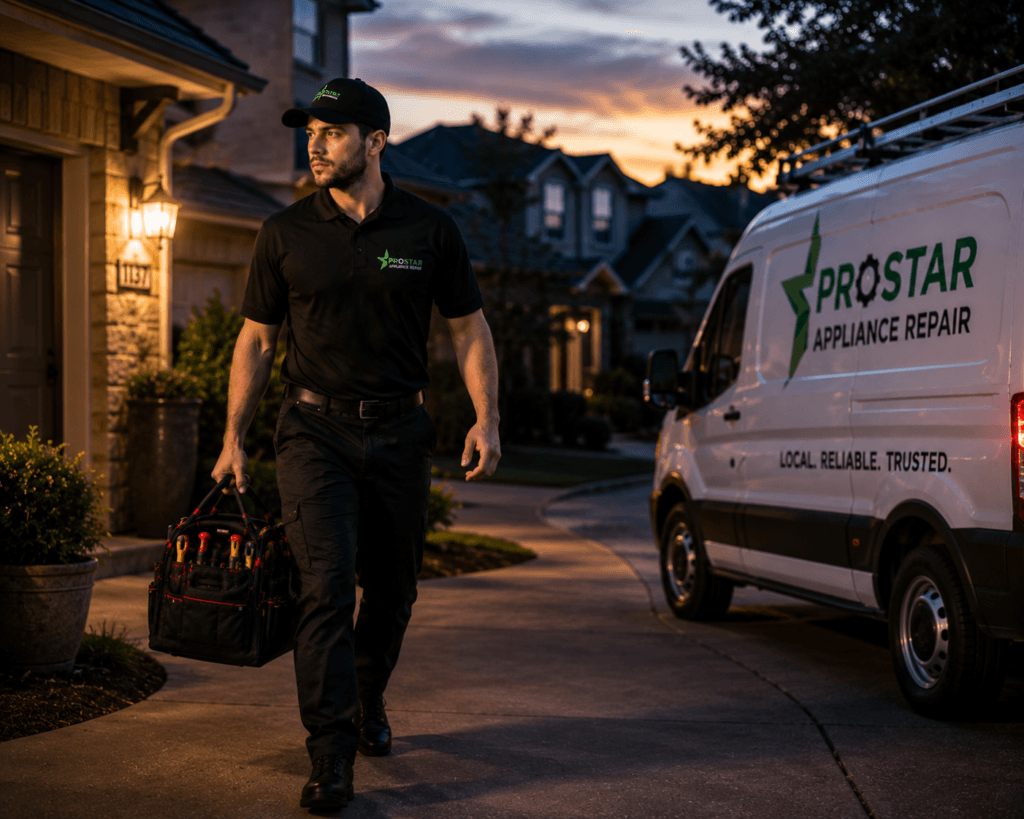 ProStar technician arriving at a San Antonio home at dusk with a branded service van for an emergency appliance repair