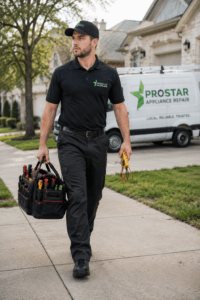ProStar appliance repair technician with a multimeter walking from a branded van for a local Austin service call