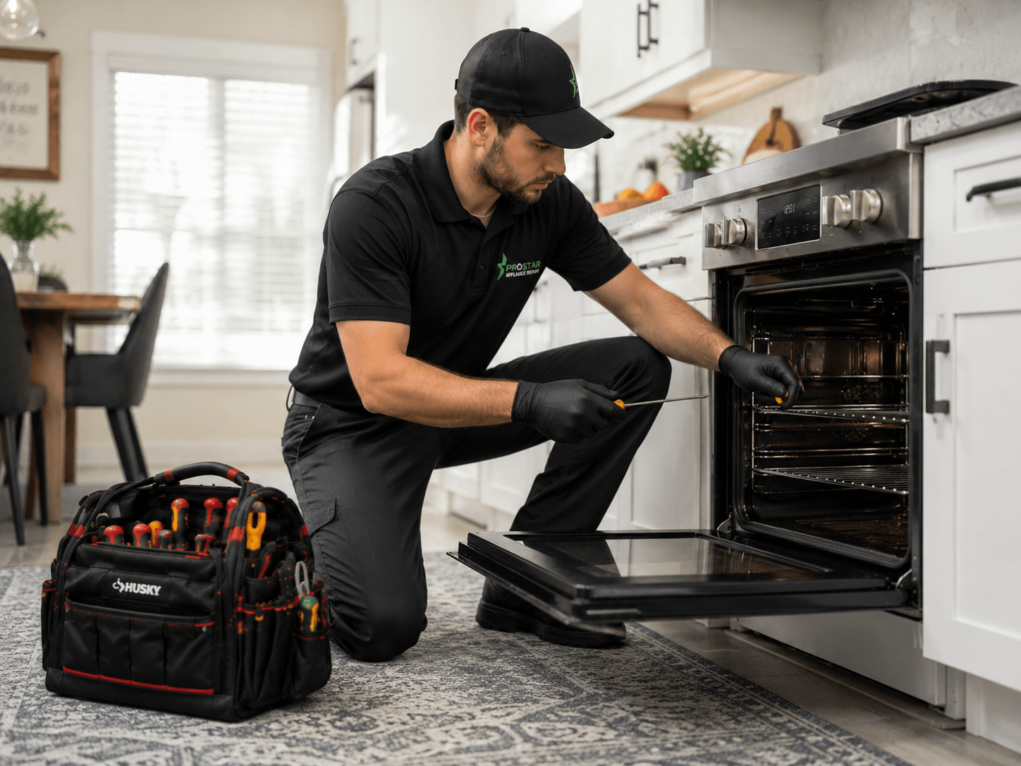 ProStar technician repairing an open electric range oven in an Austin kitchen with tools laid out