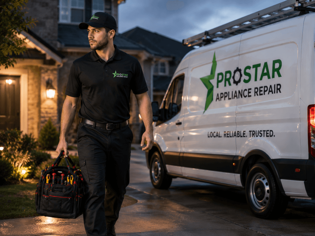 ProStar technician walking from a branded white van at dusk for a same-day appliance repair in Austin