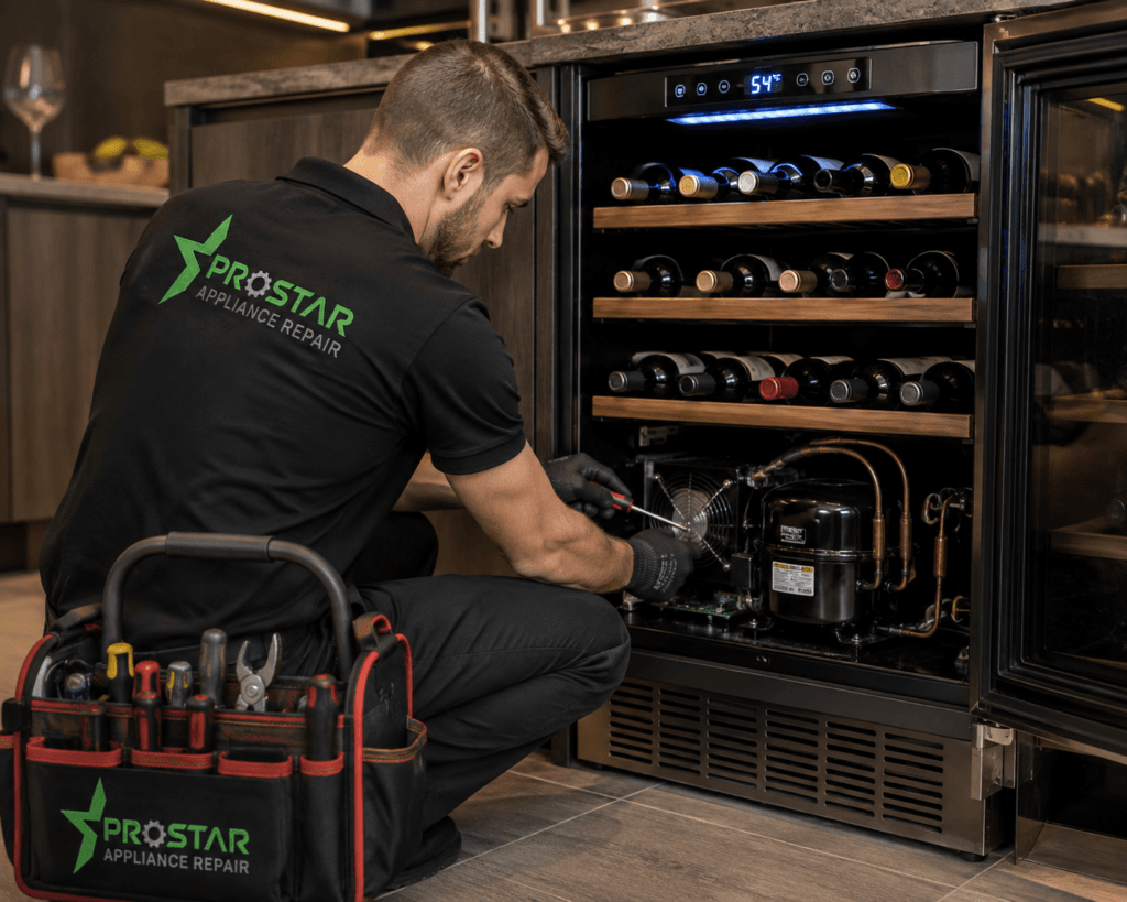 Technician repairing a commercial wine cooler in a restaurant or wine cellar