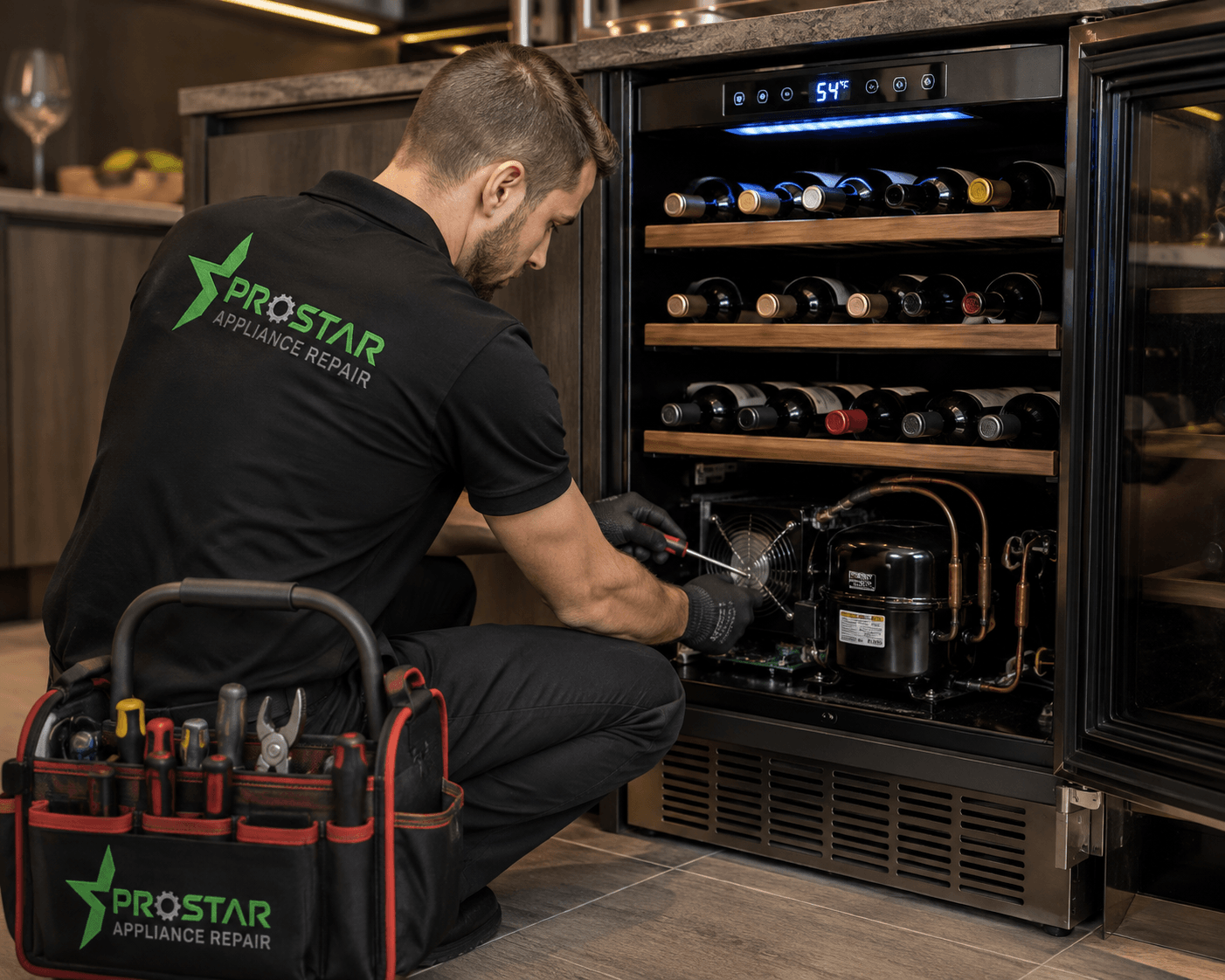 Technician repairing a commercial wine cooler in a restaurant or wine cellar