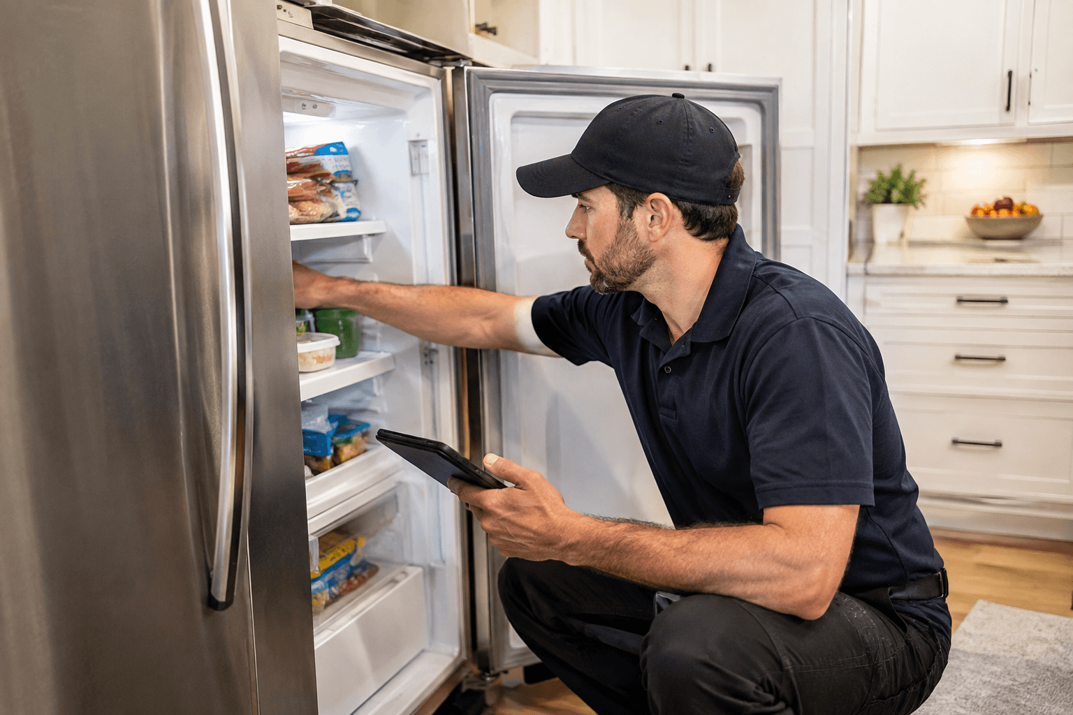 Technician inspecting refrigerator during refrigerator repair service in Austin TX