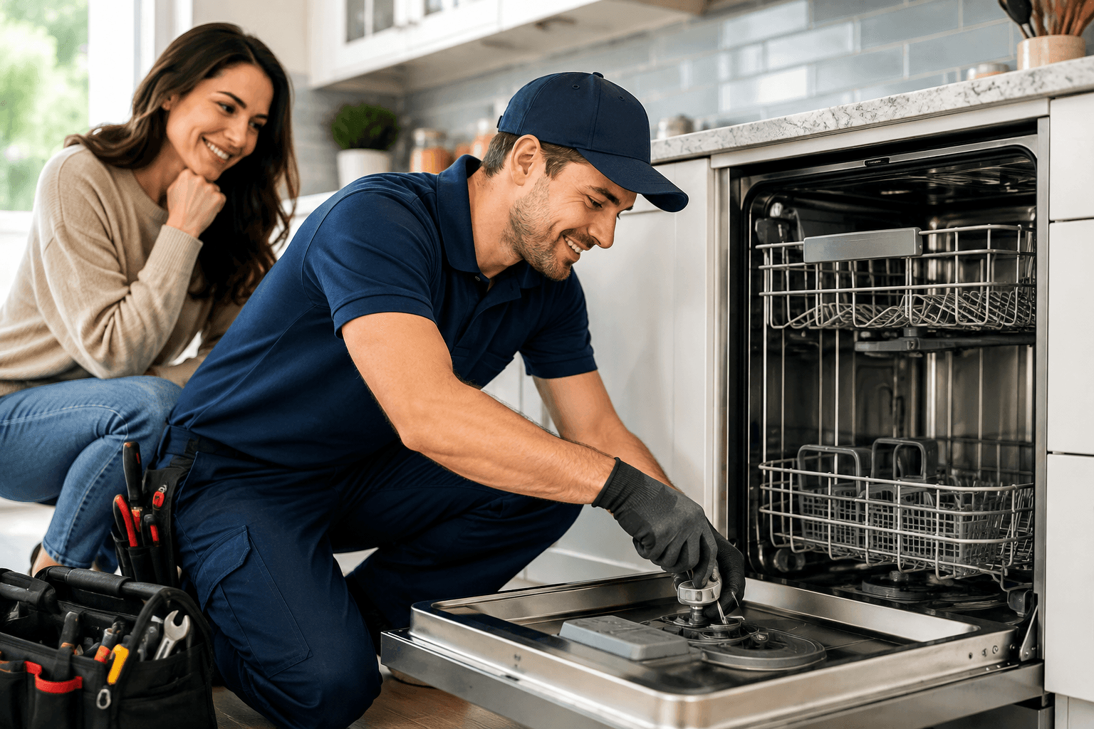 Technician repairing dishwasher for a homeowner during dishwasher repair service in Austin TX