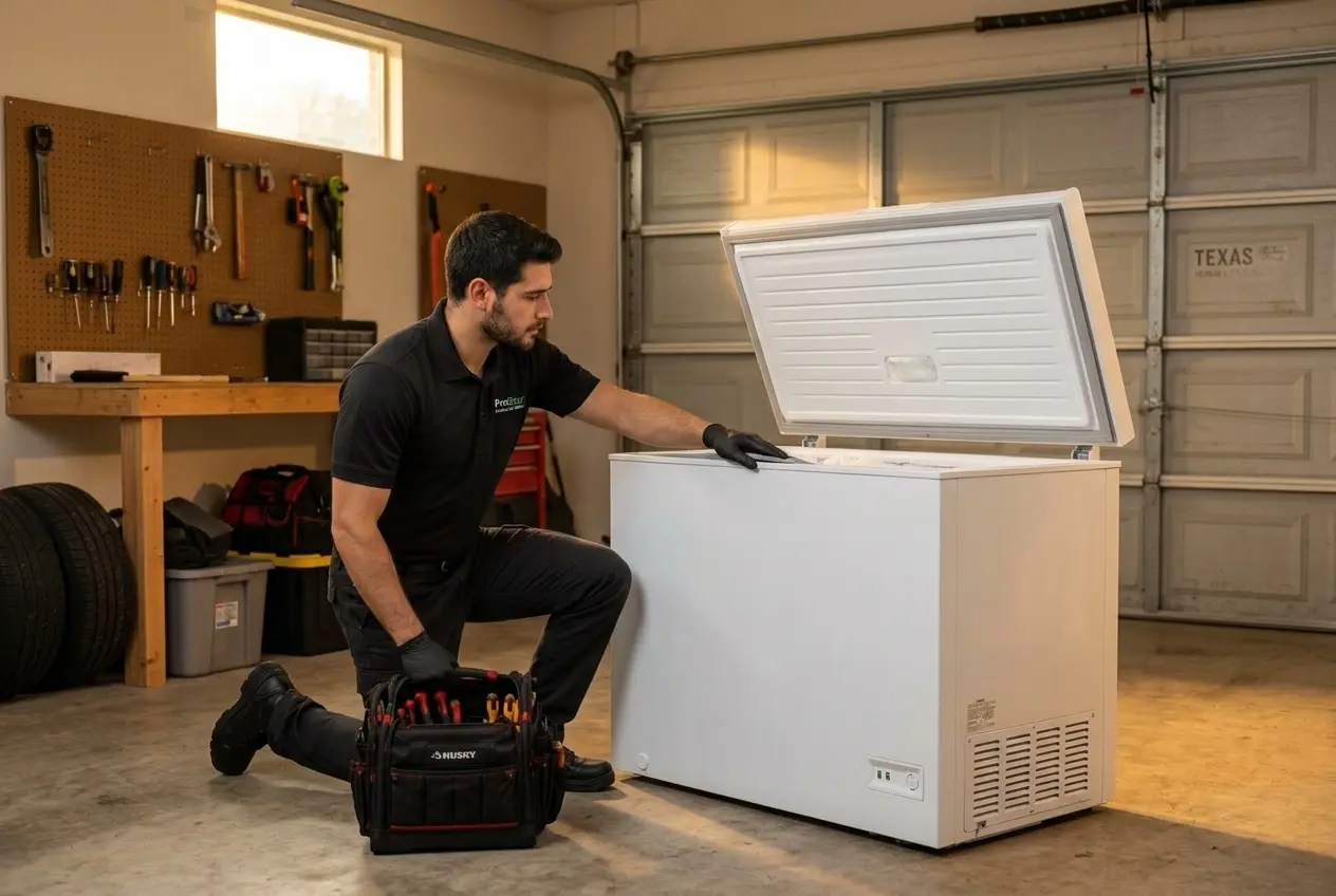 Appliance Repair Technician Fixing a Chest Freezer in a Garage