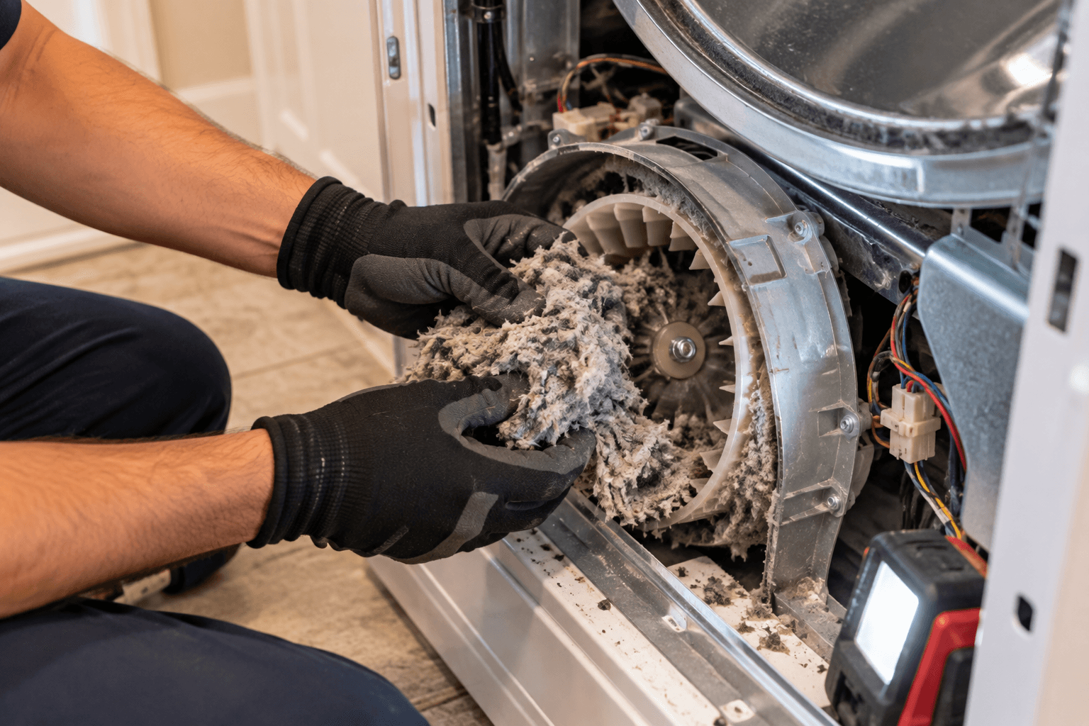 Technician removing heavy lint buildup during dryer repair service in San Antonio TX