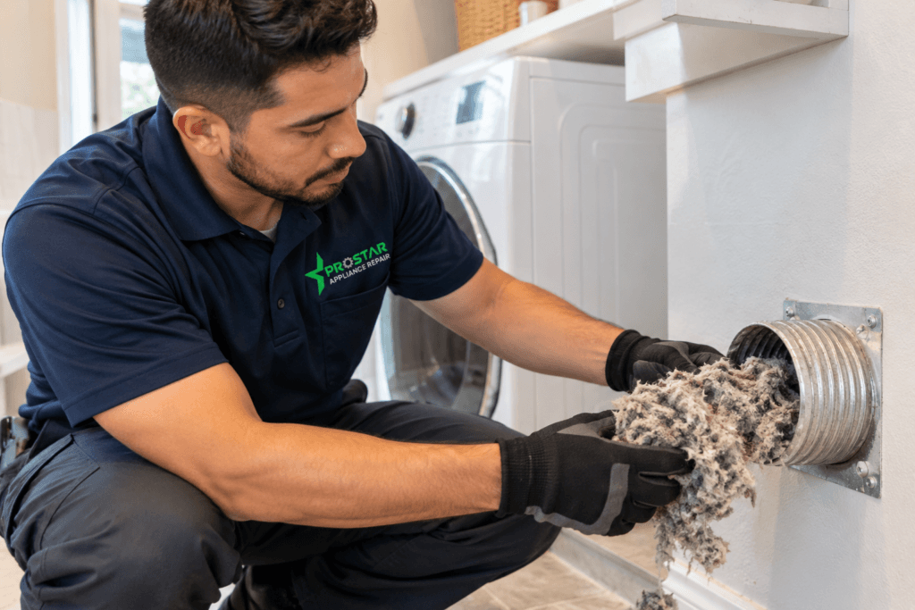 ProStar technician removing lint from a clogged dryer vent during dryer maintenance in San Antonio TX