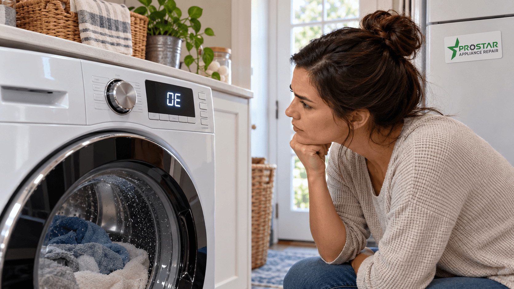 Front load washer displaying an OE error code in a home laundry room