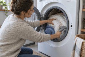 Homeowner balancing a comforter with towels inside a front load washer Homeowner balancing a comforter with towels inside a front load washer