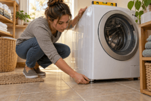 Homeowner checking a washing machine&rsquo;s level before adjusting its feet