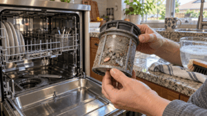 Homeowner lifting a dirty round filter from the bottom of a dishwasher in a San Antonio kitchen