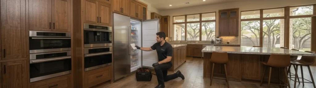 ProStar technician inspecting a built-in refrigerator during appliance repair in San Antonio TX