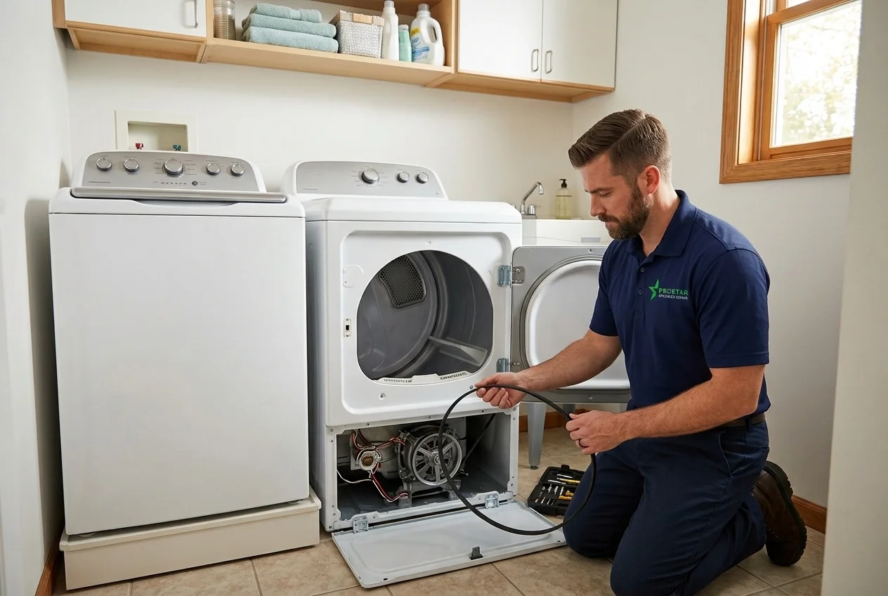 A male appliance repair technician kneeling in a laundry room and holding a rubber belt to fix a white front-load dryer with the front panel removed, next to a matching top-load washer.