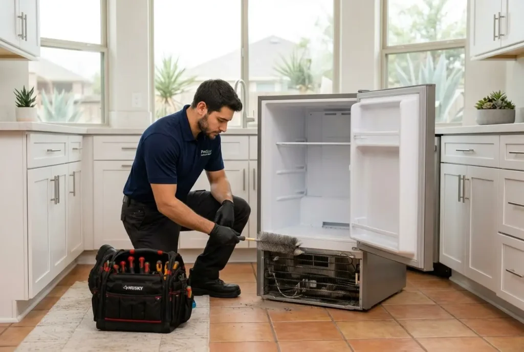 Technician cleaning refrigerator condenser coils during refrigerator maintenance in San Antonio TX