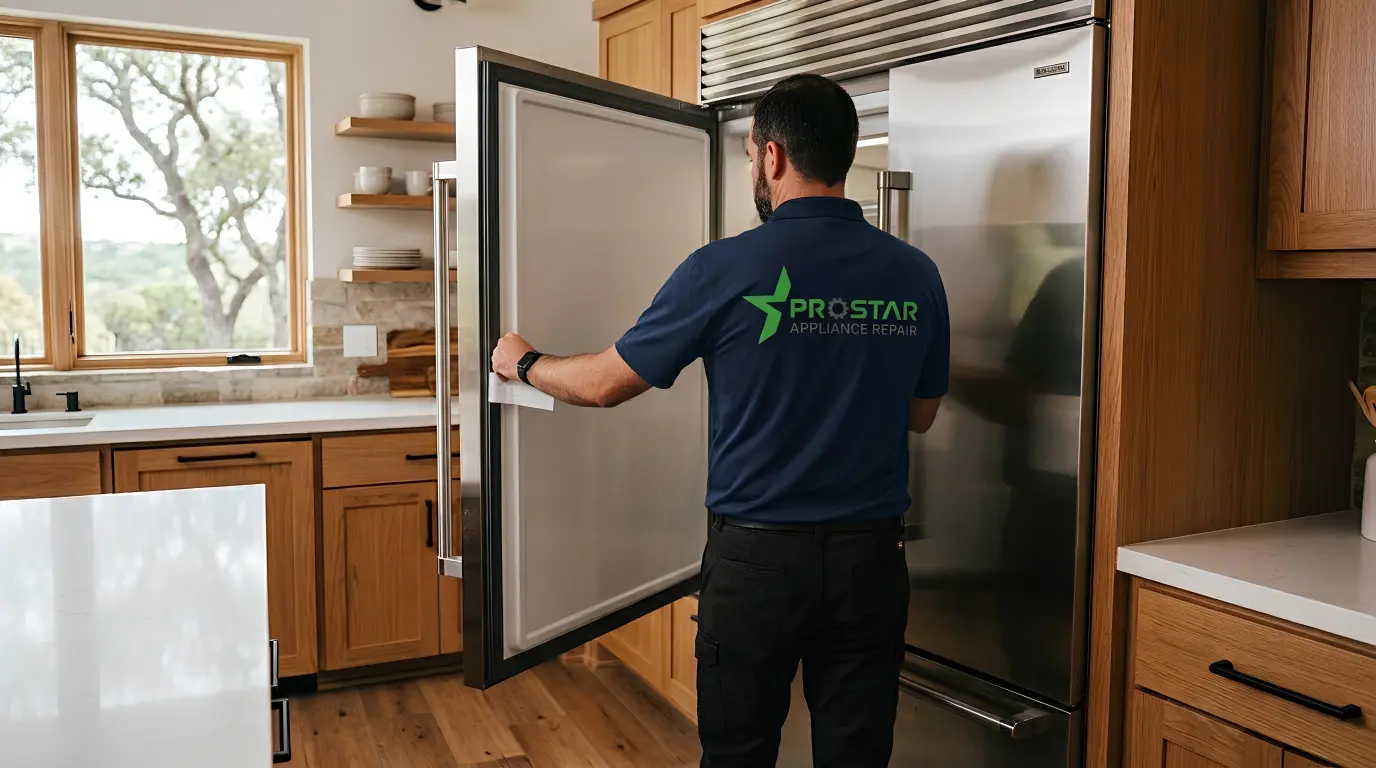 A ProStar Appliance Repair technician wearing a branded navy blue polo shirt opens a large, built-in stainless steel freezer in a modern kitchen, using a white cloth to inspect or clean the inner door.