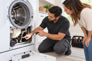 ProStar appliance repair technician inspecting a washing machine that makes a grinding noise during spin