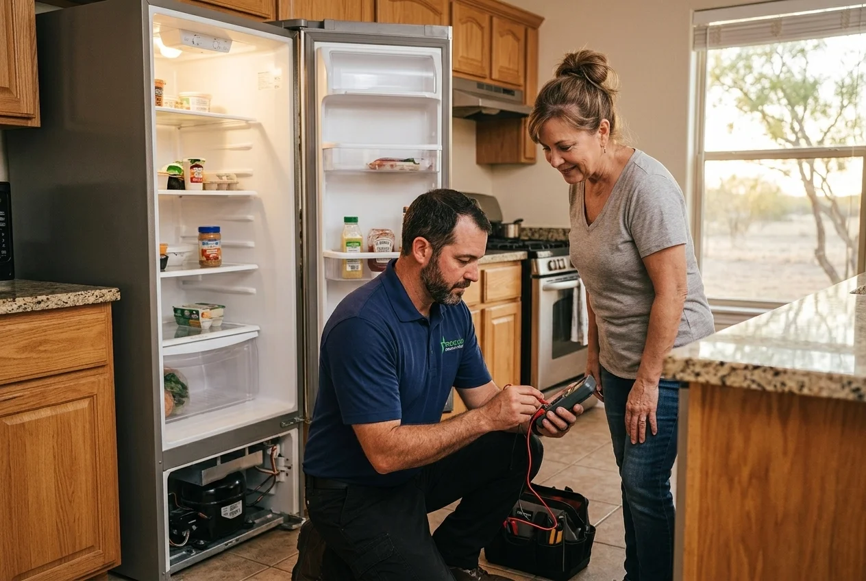 A ProStar Appliance Repair technician crouched in a South Texas kitchen, using a multimeter to test a component on an open stainless-steel refrigerator while a homeowner observes.