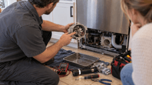 ProStar technician showing a homeowner the failed drain pump removed from under a dishwasher in a Texas kitchen with a multimeter on the floor