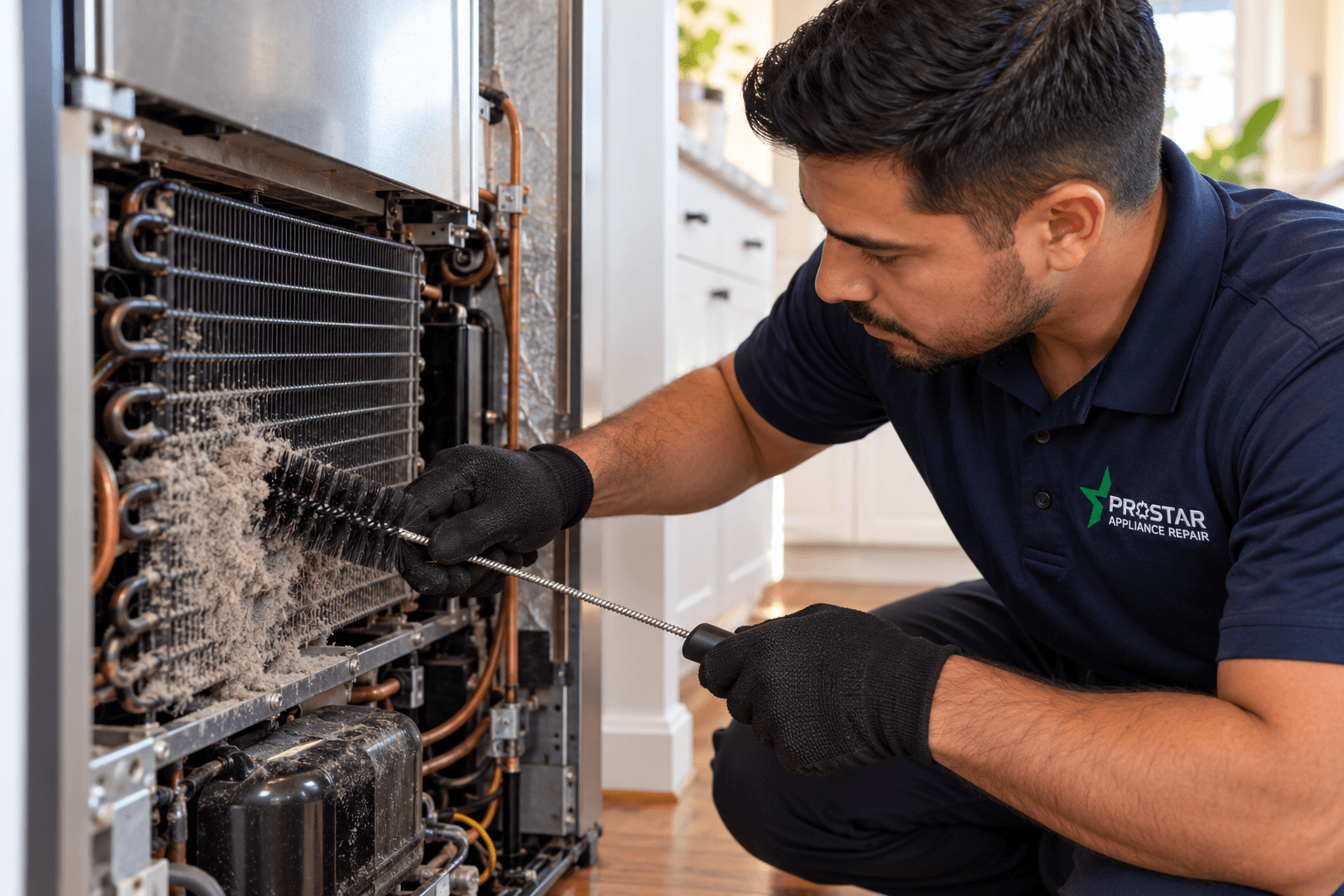 ProStar technician cleaning refrigerator condenser coils during refrigerator maintenance in San Antonio TX