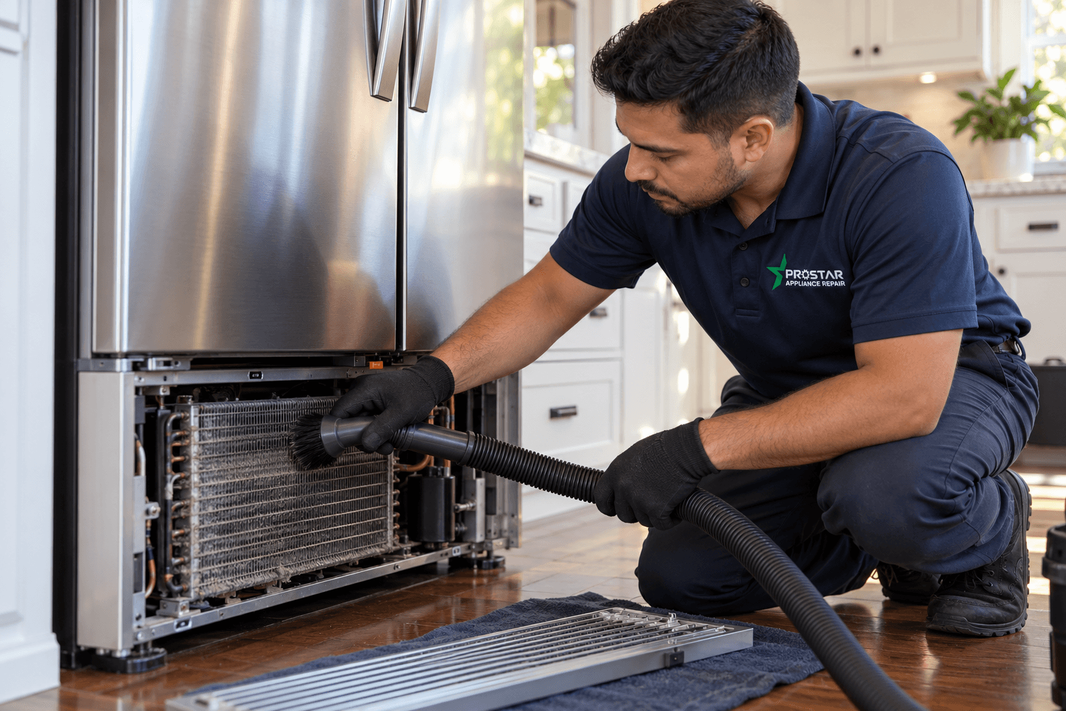 ProStar technician cleaning refrigerator condenser coils during refrigerator maintenance in San Antonio TX