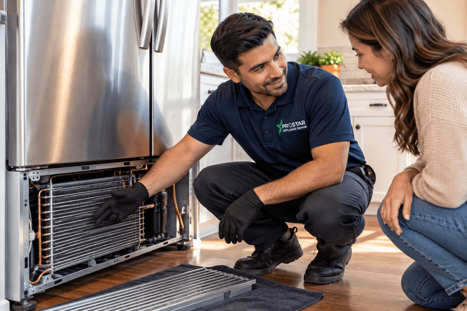 ProStar Appliance Repair technician explaining refrigerator condenser maintenance to a homeowner in San Antonio TX