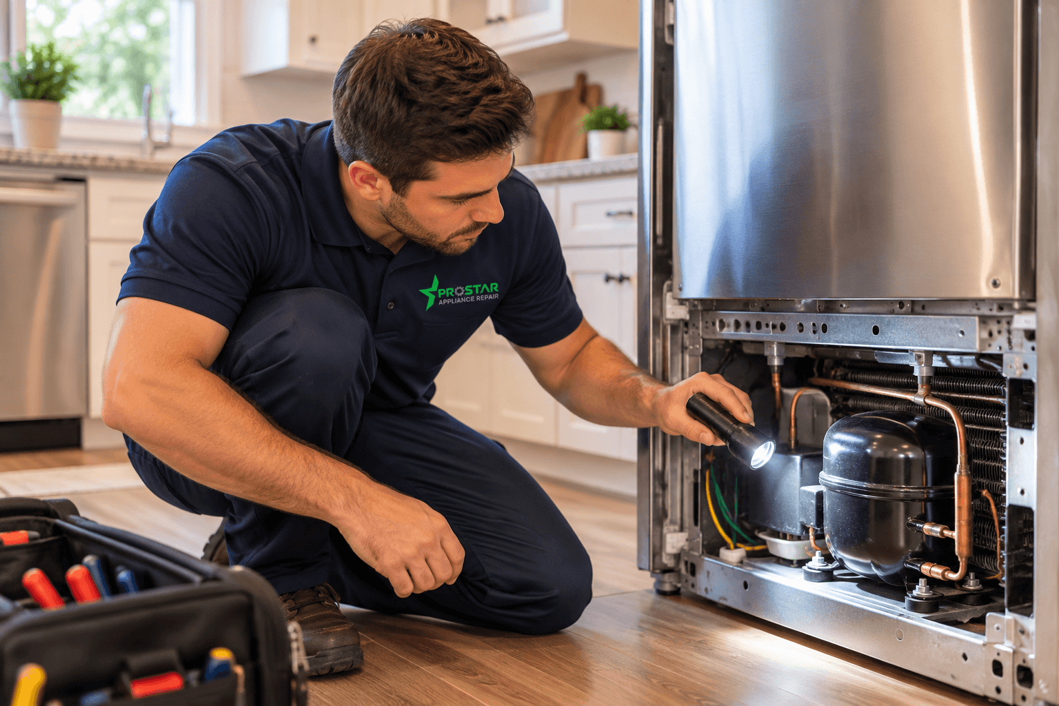 ProStar technician inspects a refrigerator compressor during repair in Medina County, TX