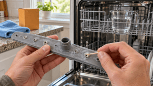 Spray arm held up to the light with a toothpick clearing a limescale blocked nozzle beside a bowl of white vinegar on the top rack of an open dishwasher