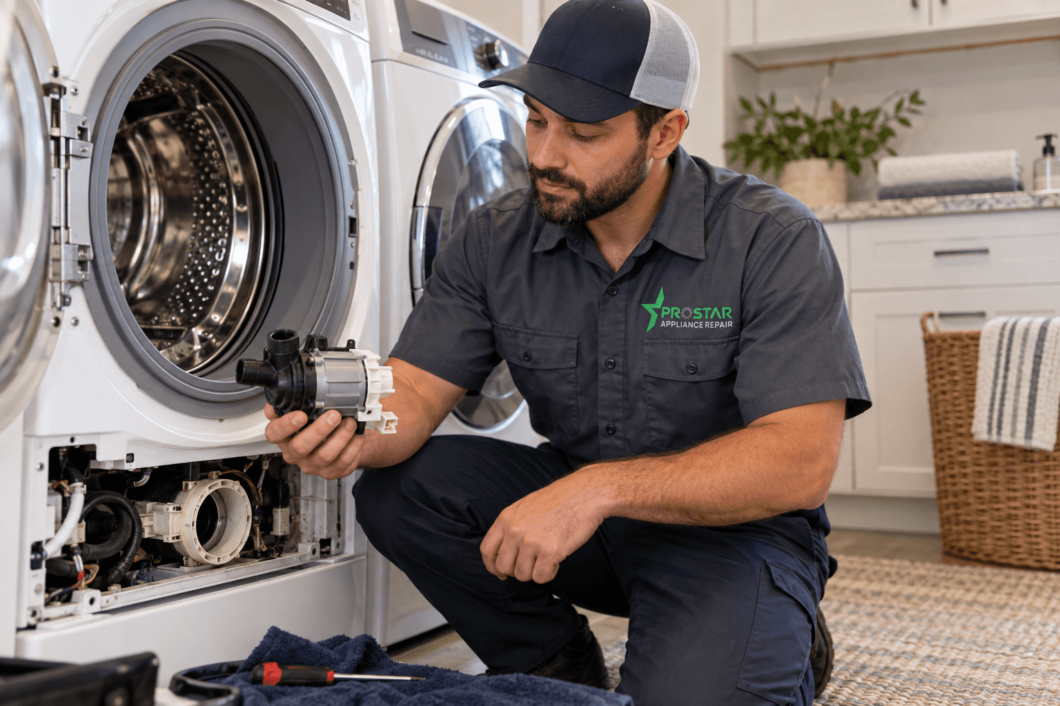ProStar technician replacing a washing machine drain pump during washer repair in Travis County, TX