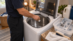 Hand placing a washing machine cleaner tablet into an empty top load washer drum with the detergent drawer soaking nearby